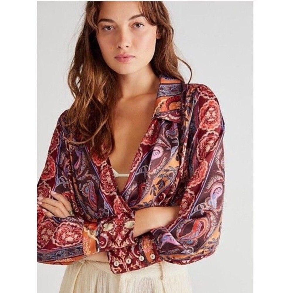 Free People Lana Printed Satin V Neck Surplice Wrap Crop Top Size Small